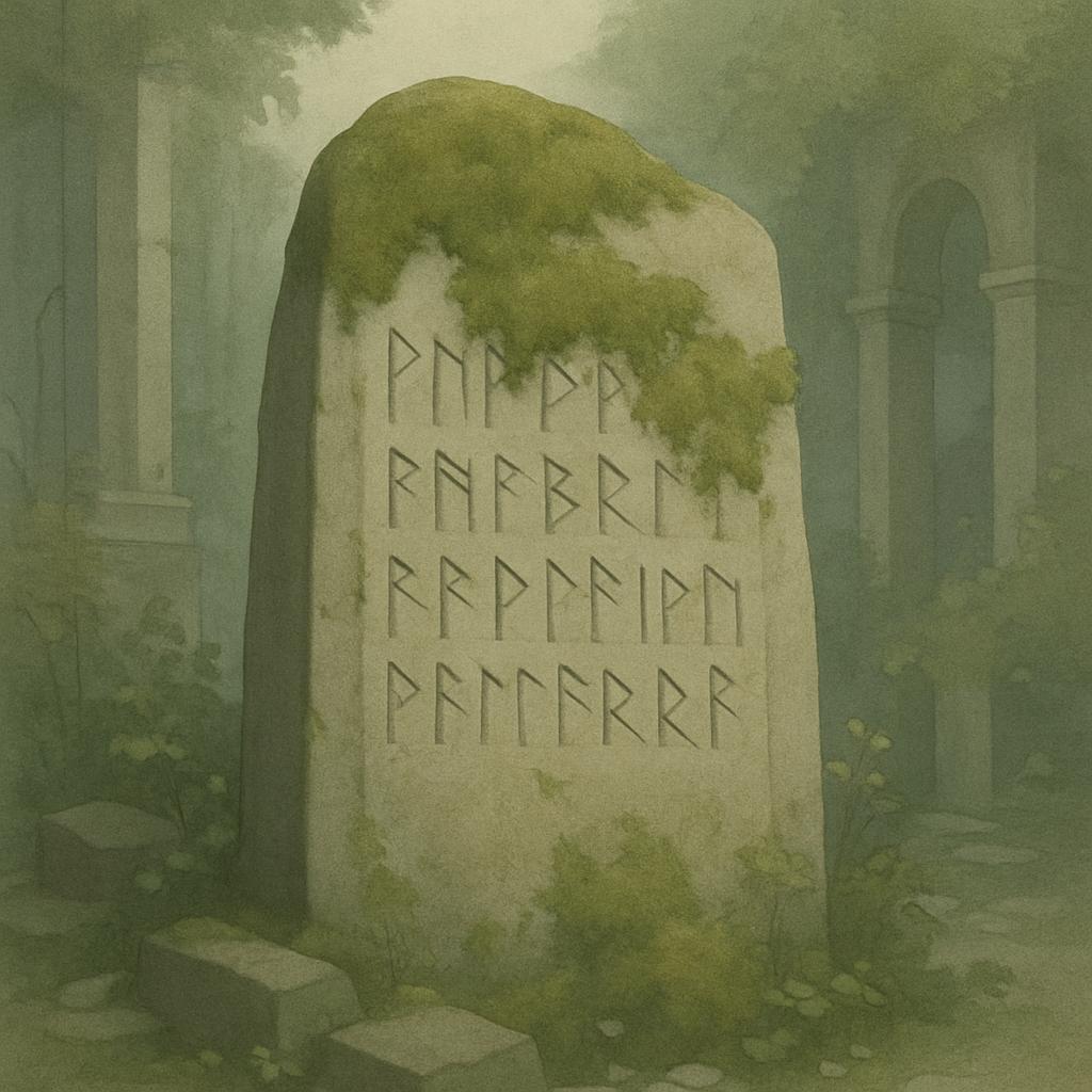 A large, weathered runestone engraved with a series of runes. The stone is covered in moss and sits in a misty, ancient cl...