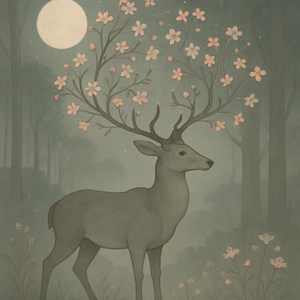 "A drawing of a deer with flowers on its antlers standing in the forest with the moon behind it."