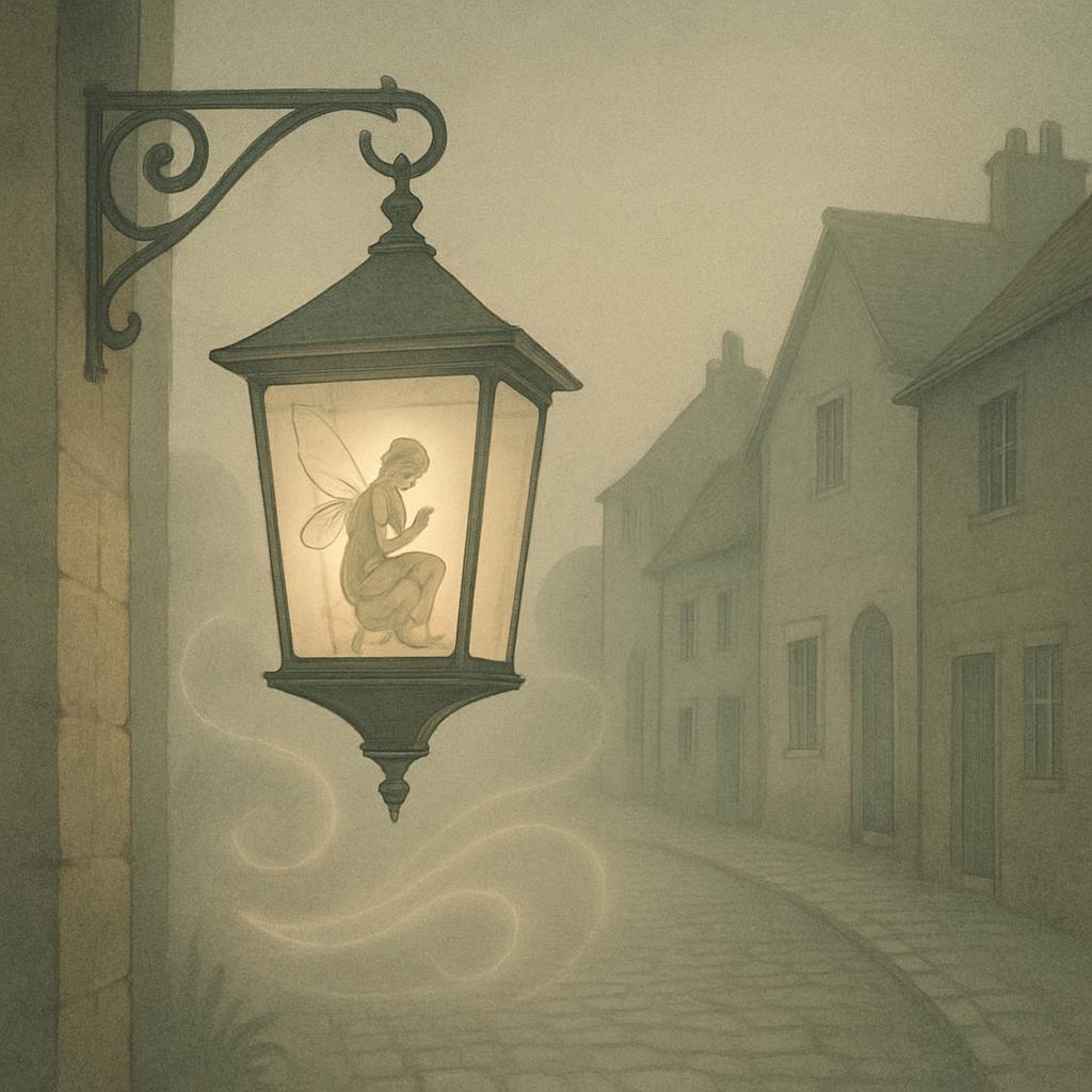 An old-fashioned lantern-style street lamp features a fantasy fairy emblem, suspended above a dimly fog-enveloped alley be...