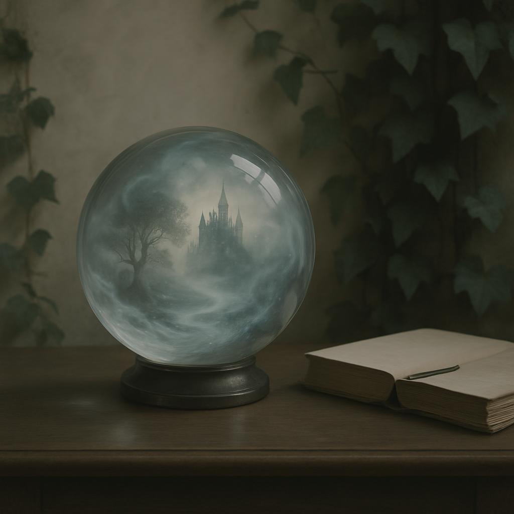 A crystal ball on a dark, wooden table with a book and pen nearby, surrounded by an ivy-covered wall, featuring a dreamy c...