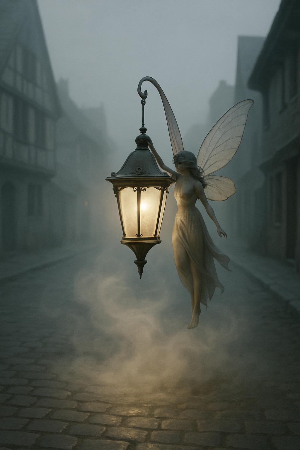 A fairy with clear, transparent wings stands next to a glowing streetlamp, set against the backdrop of an old town, shroud...
