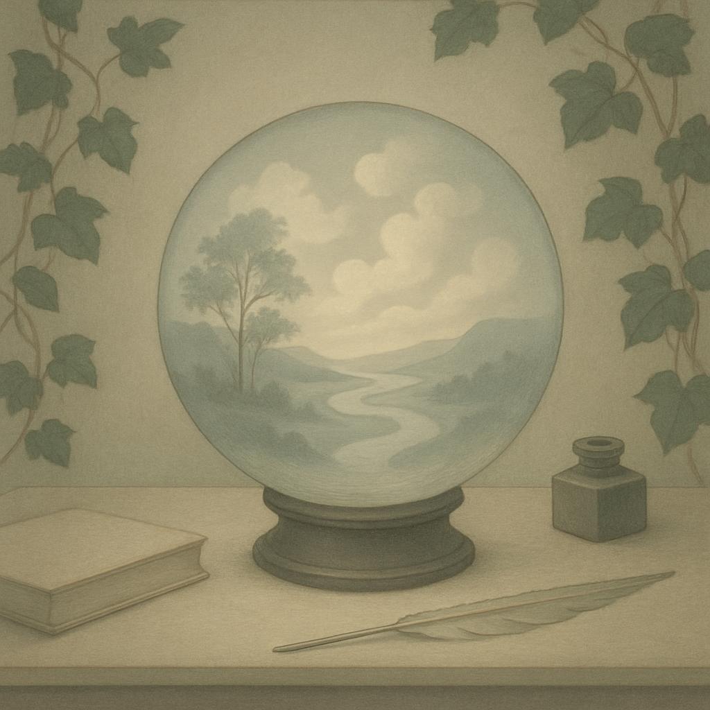 A still life drawing, depicting a crystal ball depicting a landscape, next to a quill pen, a closed book, and an ink well,...