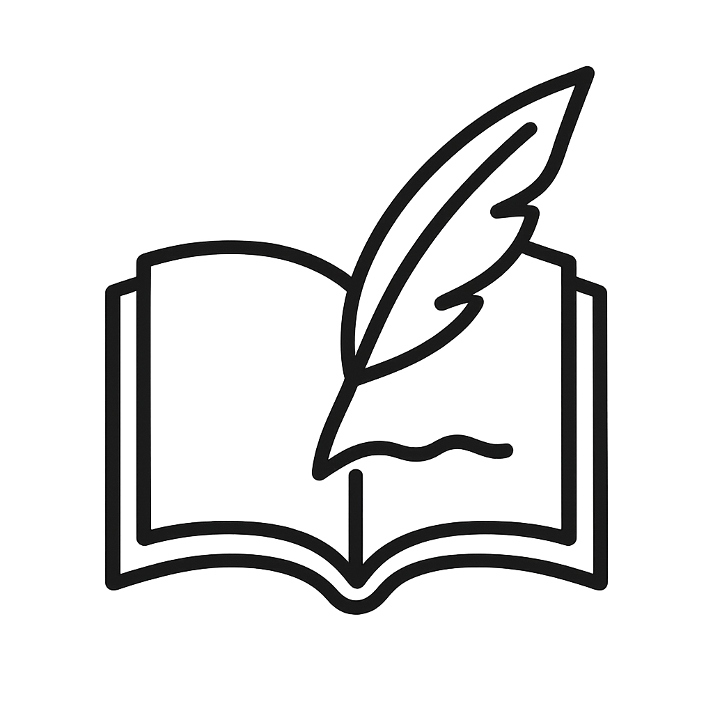 An open book with a feather quill writing.